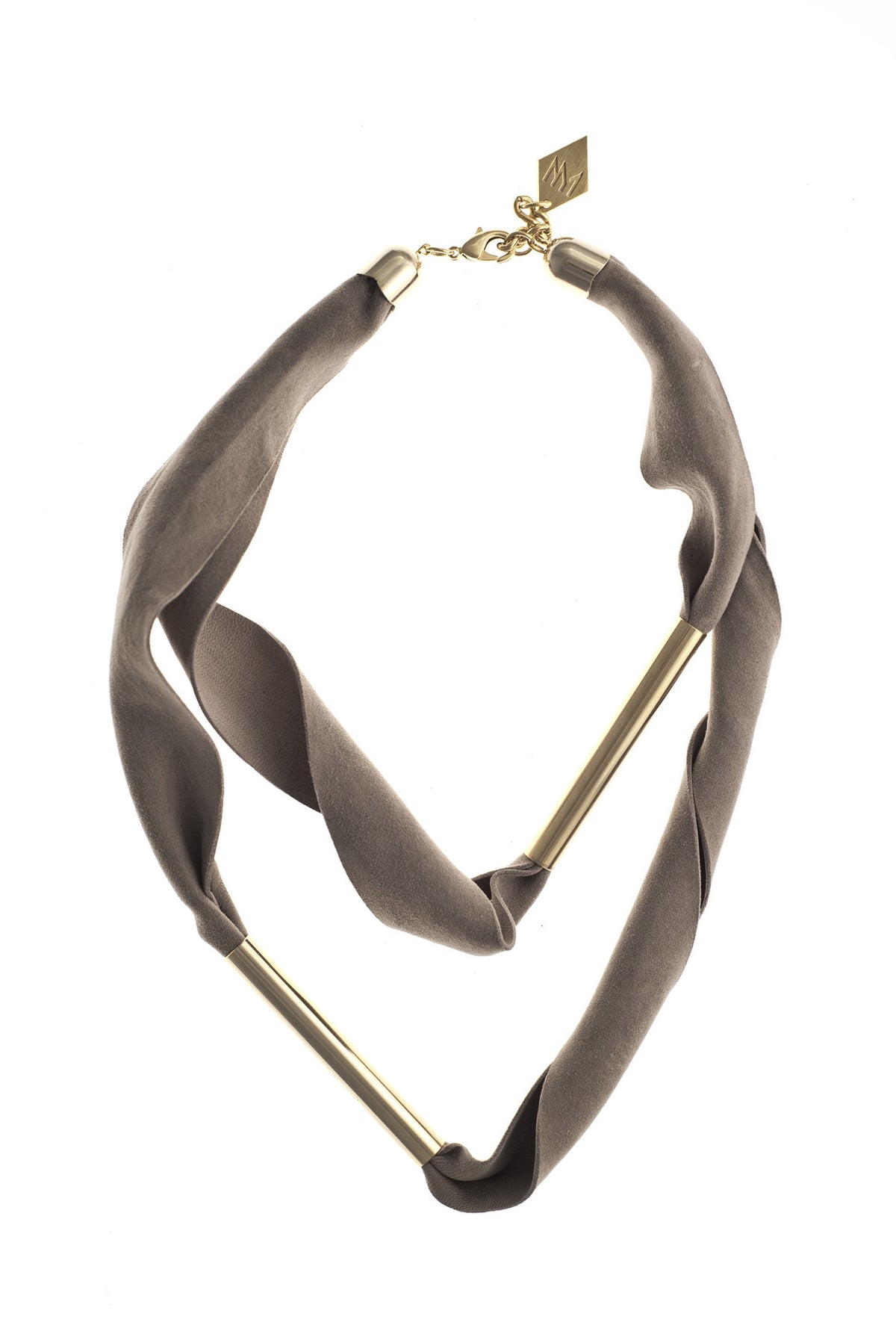 Embrassme necklace made of finest sheep napa, hand-cut, hand polished and galvanized brass and metal components. Beige-gold edition.